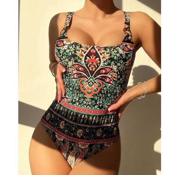 Boho Floral Tropical Print One Piece Monokini Swim - Picture 1 of 6